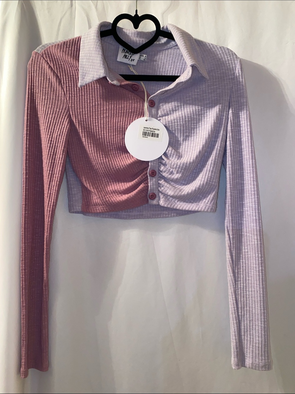 NWT Princess Polly Jazmine Two-Tone Ribbed Cropped Polo shirt Purple & Lilac